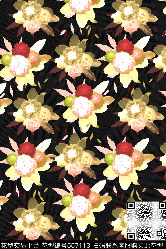 黑色花卉组合时尚数码印花华亿平台下载（图片编号: 557113） - 瓦栏（Walan）