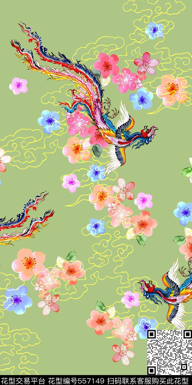 复古传统绘画水彩凤凰花卉丝绸真丝化纤数码印花华亿平台下载（图片编号: 557149） - 瓦栏（Walan）