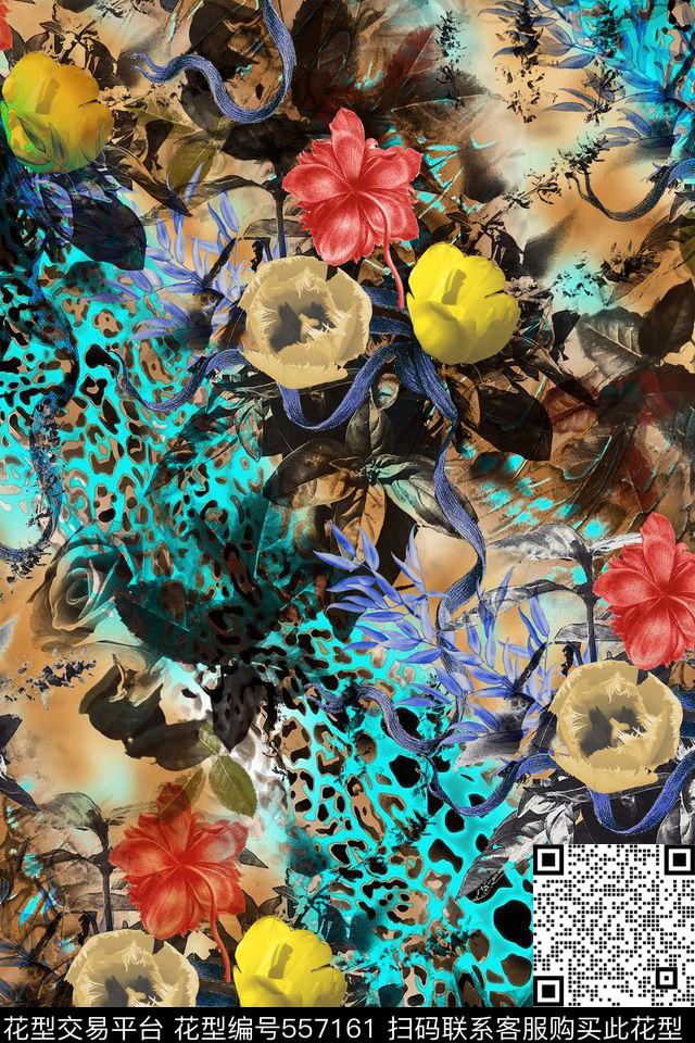 豹纹蝴蝶花卉数码印花华亿平台下载（图片编号: 557161） - 瓦栏（Walan）