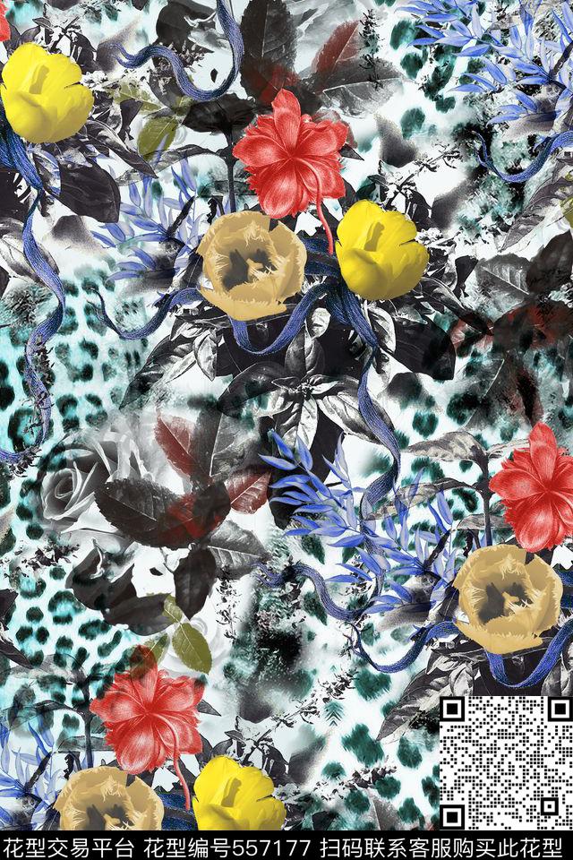 豹纹蝴蝶花卉数码印花华亿平台下载（图片编号: 557177） - 瓦栏（Walan）