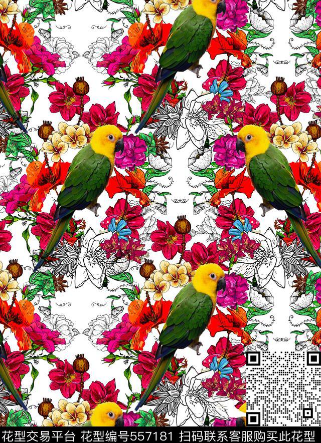 花卉鸟流行数码印花华亿平台下载（图片编号: 557181） - 瓦栏（Walan）