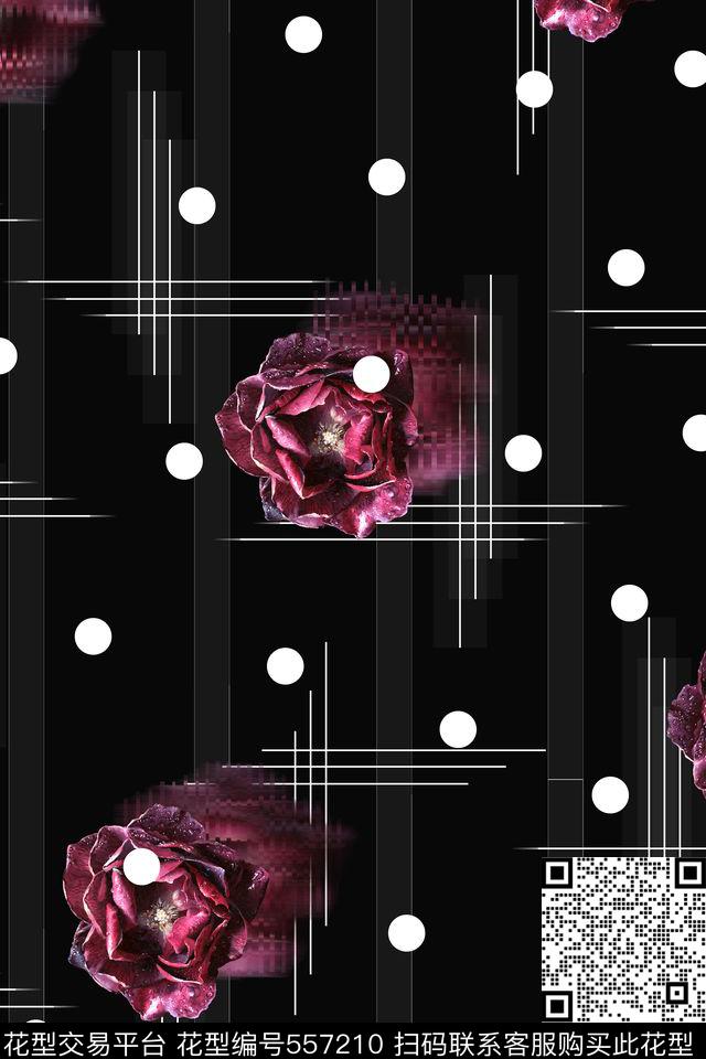 大花模糊几何线条圆点休闲风数码印花华亿平台下载（图片编号: 557210） - 瓦栏（Walan）