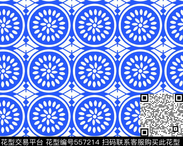 圆圈小花抽象花卉几何传统印花华亿平台下载（图片编号: 557214） - 瓦栏（Walan）