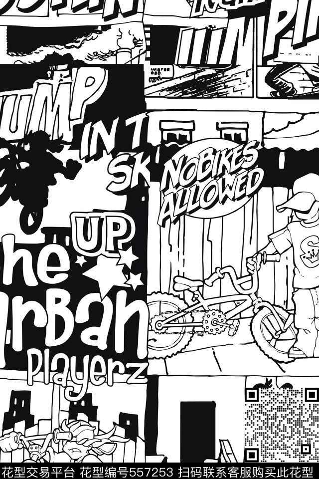 服装面料华亿平台手绘黑白卡通休闲时尚抽象黑白简洁卡通传统印花华亿平台下载（图片编号: 557253） - 瓦栏（Walan）