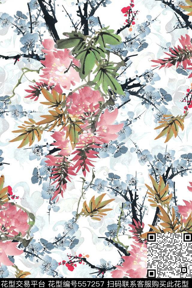 花卉潮流时尚大牌水墨花卉数码印花华亿平台下载（图片编号: 557257） - 瓦栏（Walan）