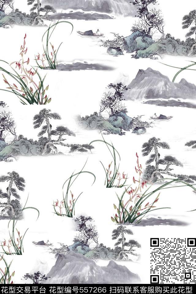 花卉潮流时尚大牌水墨山水画数码印花华亿平台下载（图片编号: 557266） - 瓦栏（Walan）
