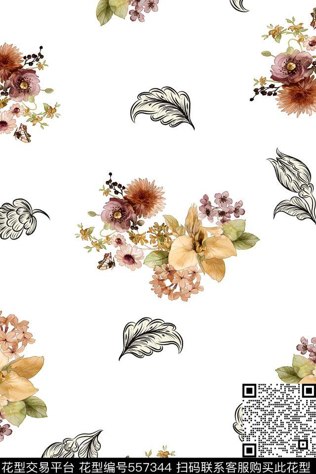 水彩花卉羽毛休闲风数码印花华亿平台下载（图片编号: 557344） - 瓦栏（Walan）