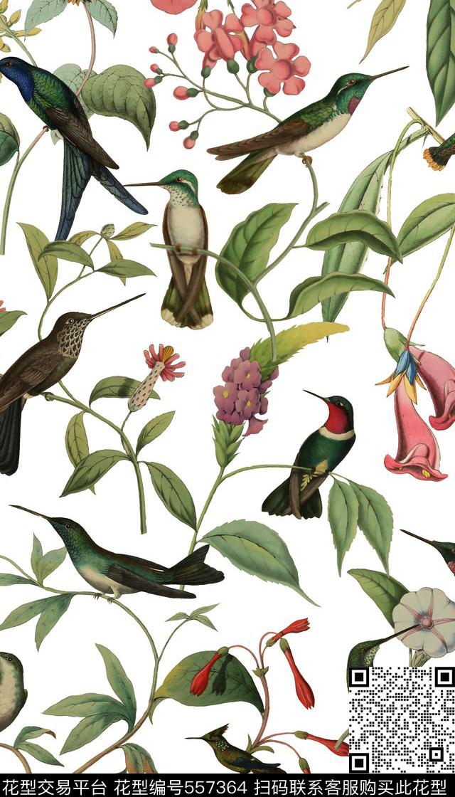 花鸟时尚清新手绘蜂鸟数码印花华亿平台下载（图片编号: 557364） - 瓦栏（Walan）