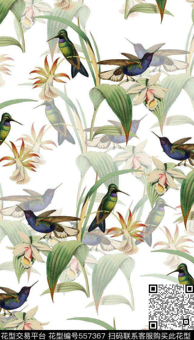 花鸟时尚清新手绘兰花数码印花华亿平台下载（图片编号: 557367） - 瓦栏（Walan）