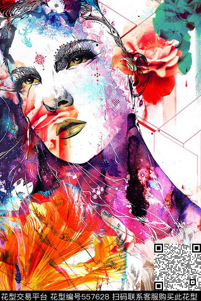炫彩抽象炫彩抽象人物画花卉玫瑰花精美女装定位图案女士T恤衬衫数码印花华亿平台下载（图片编号: 557628） - 瓦栏（Walan）