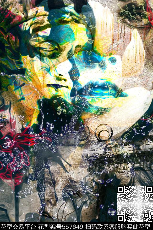 抽象人物画雕塑水花花卉男士T恤定位图案欧美抽象数码印花华亿平台下载（图片编号: 557649） - 瓦栏（Walan）