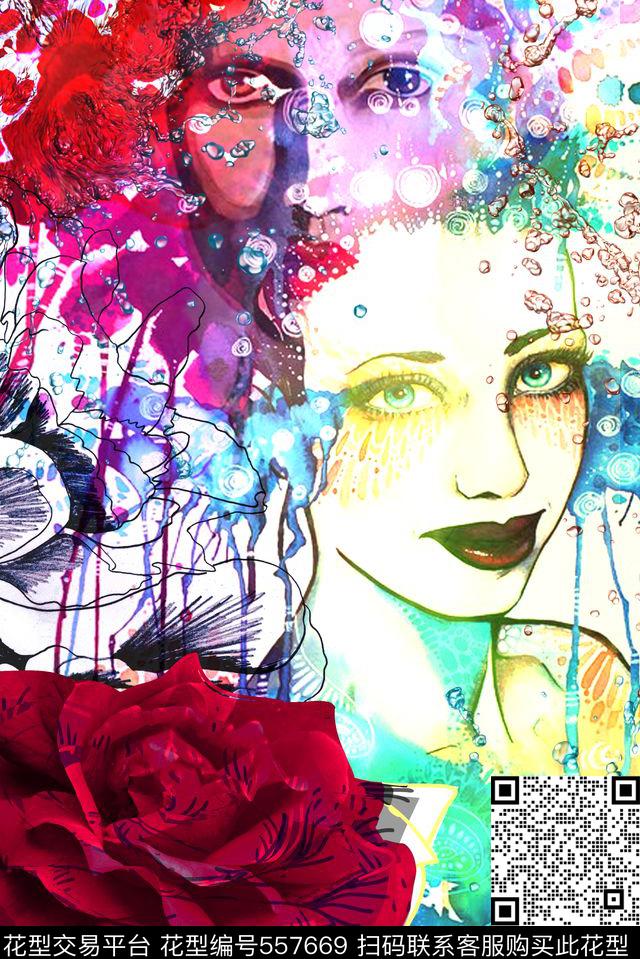 炫彩抽象人物画花卉玫瑰花精美女装定位图案女士T恤衬衫数码印花华亿平台下载（图片编号: 557669） - 瓦栏（Walan）