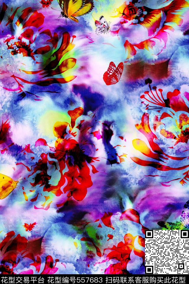 抽象纹理花朵蝴蝶数码印花华亿平台下载（图片编号: 557683） - 瓦栏（Walan）