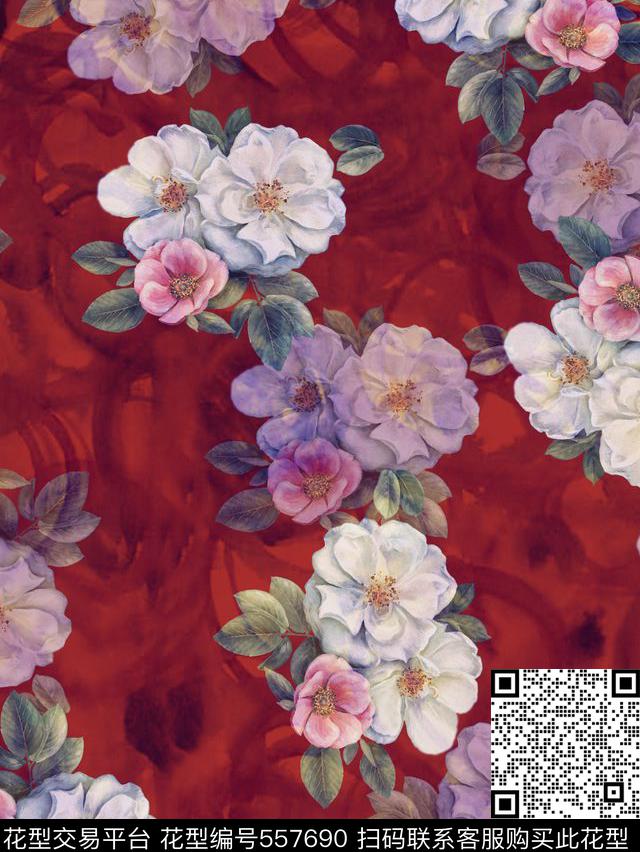 花卉手绘女装数码印花华亿平台下载（图片编号: 557690） - 瓦栏（Walan）