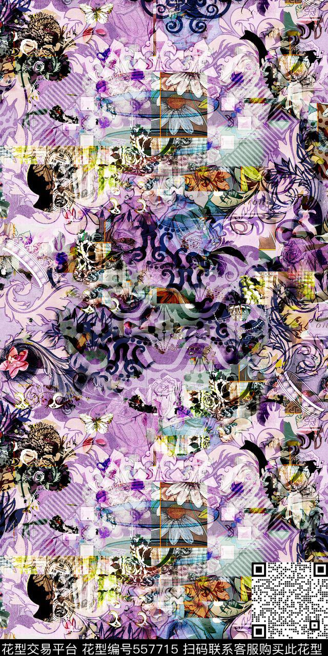 复古复古抽象花卉几何花卉数码印花华亿平台下载（图片编号: 557715） - 瓦栏（Walan）