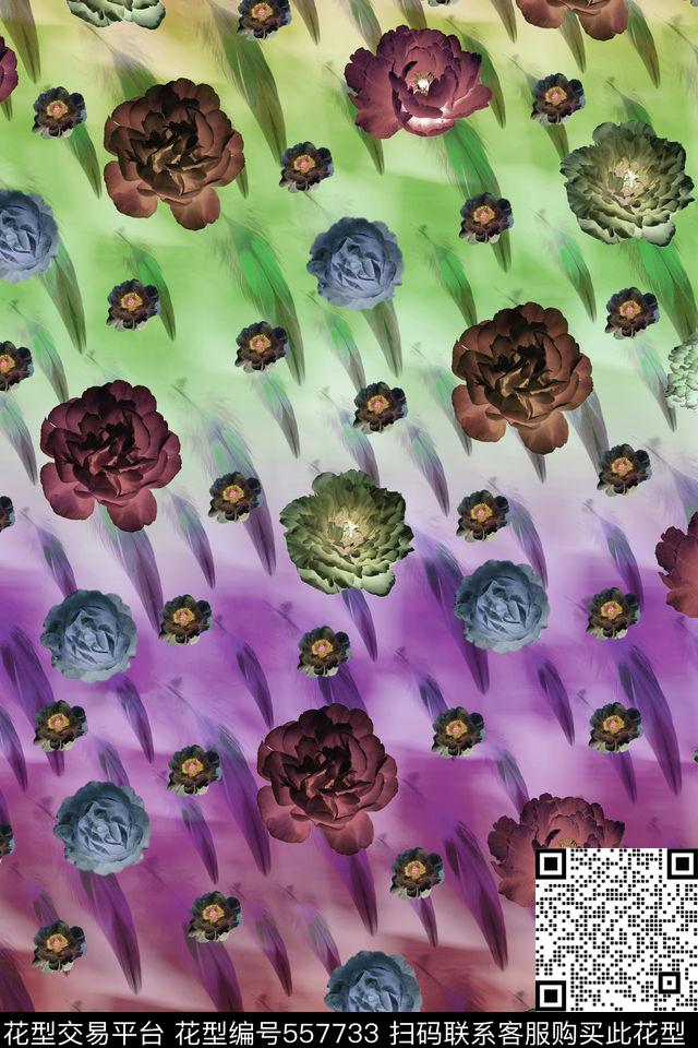 彩色渐变时尚花卉数码印花华亿平台下载（图片编号: 557733） - 瓦栏（Walan）