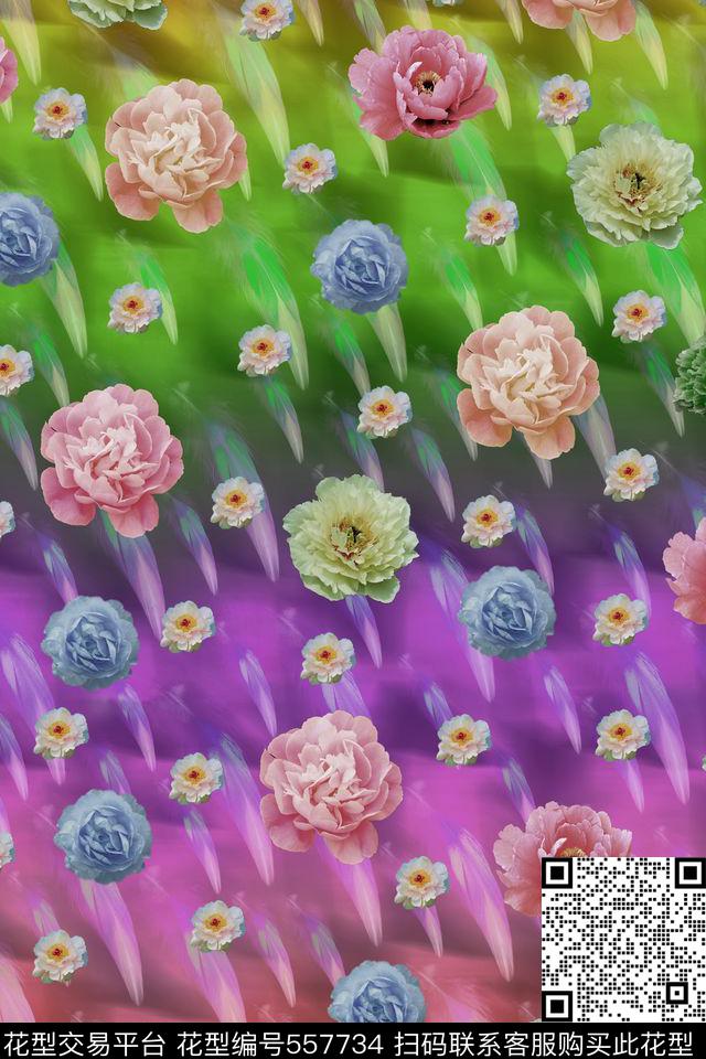 彩色渐变时尚花卉数码印花华亿平台下载（图片编号: 557734） - 瓦栏（Walan）