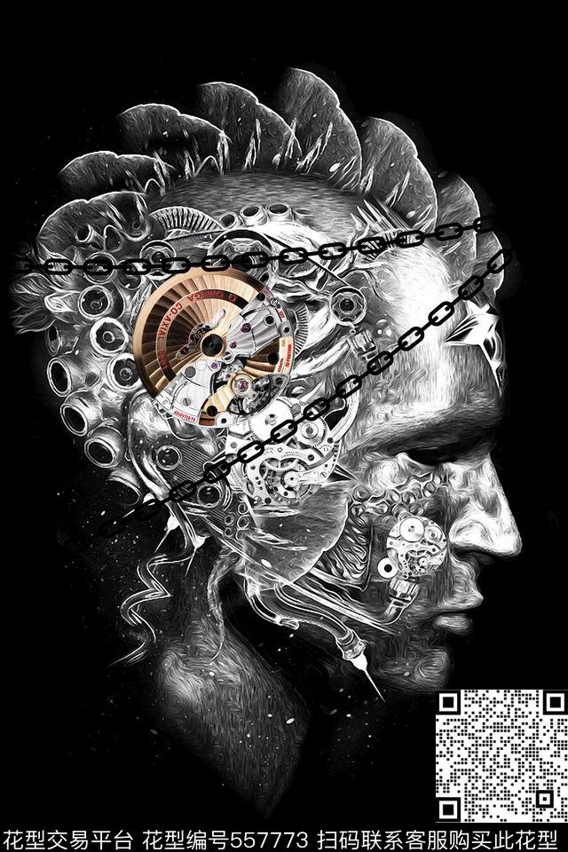 抽象男士潮流T恤位图原创大牌骷髅头图案齿轮机芯数码印花华亿平台下载（图片编号: 557773） - 瓦栏（Walan）