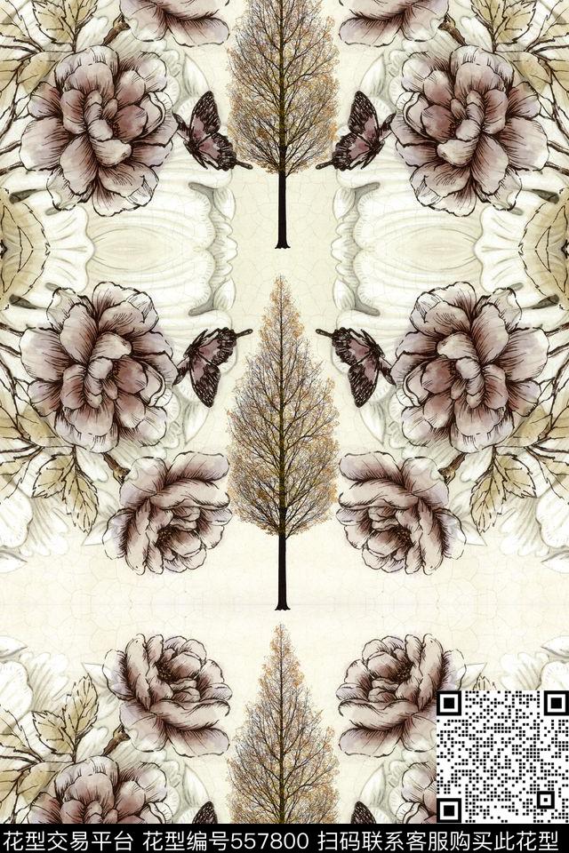 复古手绘牡丹大树数码印花华亿平台下载（图片编号: 557800） - 瓦栏（Walan）