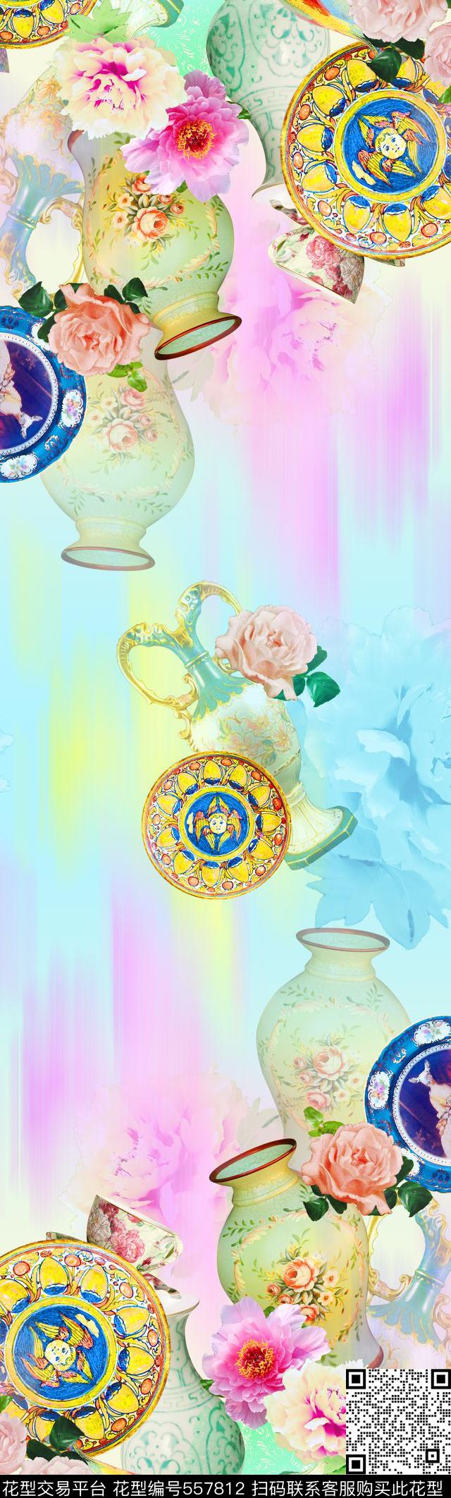 双边定位花卉花瓶数码印花华亿平台下载（图片编号: 557812） - 瓦栏（Walan）