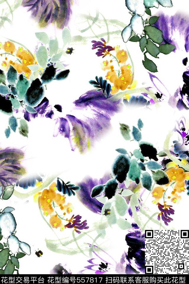 复古水墨画田园风数码印花华亿平台下载（图片编号: 557817） - 瓦栏（Walan）