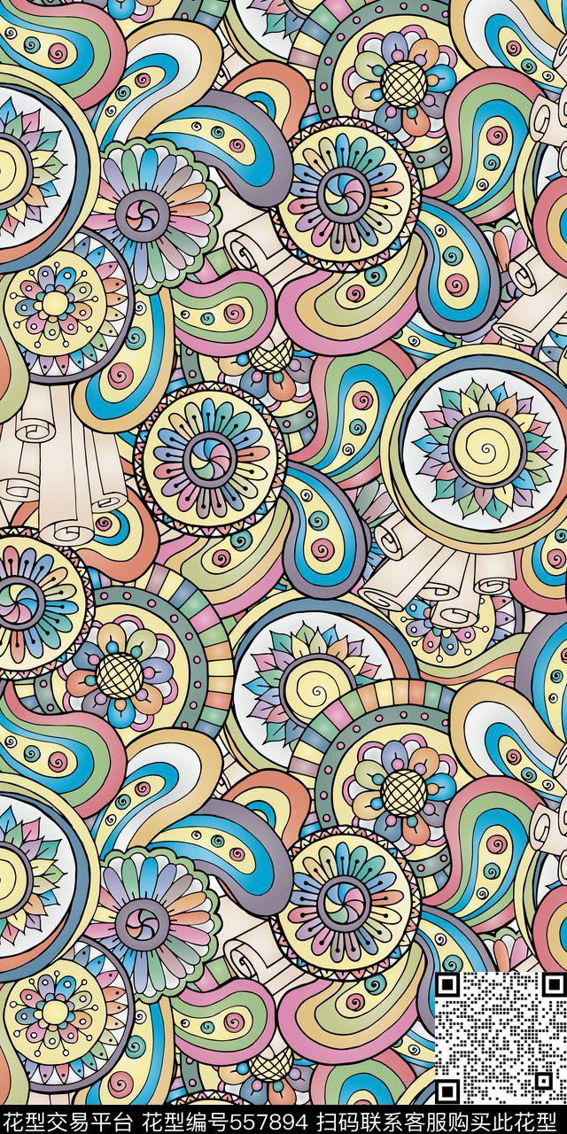 手绘民族风多彩变形虫花传统印花华亿平台下载（图片编号: 557894） - 瓦栏（Walan）