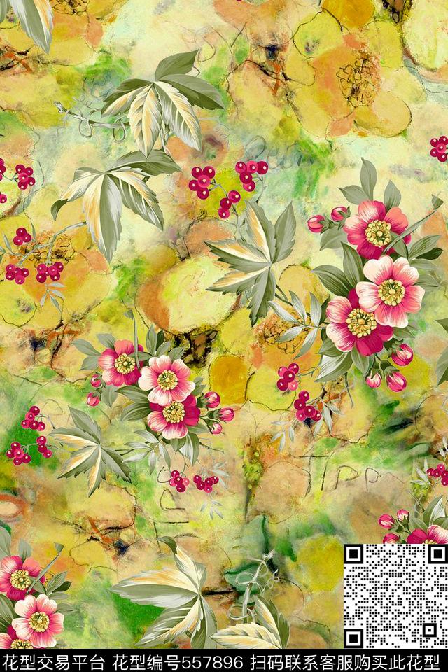 休闲风水彩底纹花卉数码印花华亿平台下载（图片编号: 557896） - 瓦栏（Walan）
