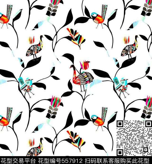 卡通童趣简约鸟枝叶几何儿童画折纸剪影叠加传统印花华亿平台下载（图片编号: 557912） - 瓦栏（Walan）