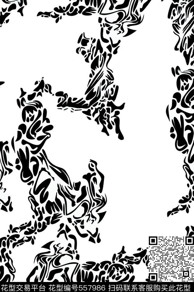 休闲时尚抽象黑白简洁欧美流行卡通手绘抽象黑白几何服装面料华亿平台传统印花华亿平台下载（图片编号: 557986） - 瓦栏（Walan）