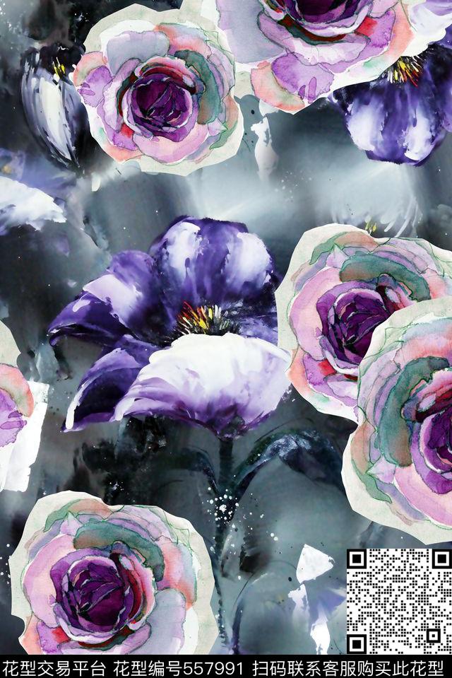 欧式花朵手绘炫彩数码印花华亿平台下载（图片编号: 557991） - 瓦栏（Walan）