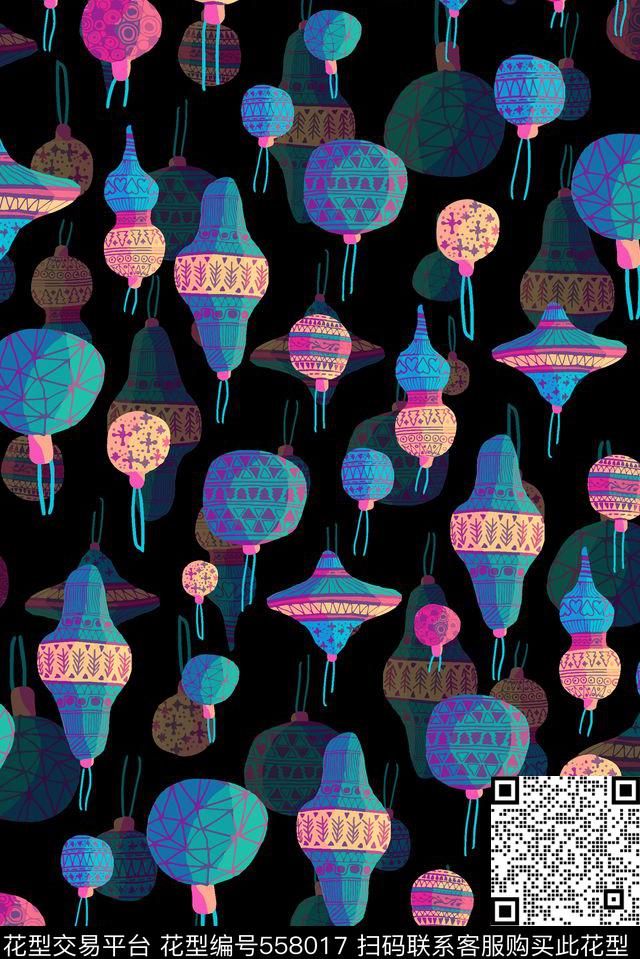 黑底圣诞灯笼数码印花华亿平台下载（图片编号: 558017） - 瓦栏（Walan）