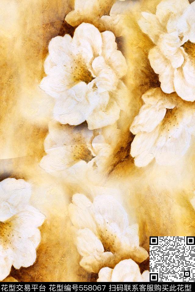 花卉黄色手绘数码印花华亿平台下载（图片编号: 558067） - 瓦栏（Walan）