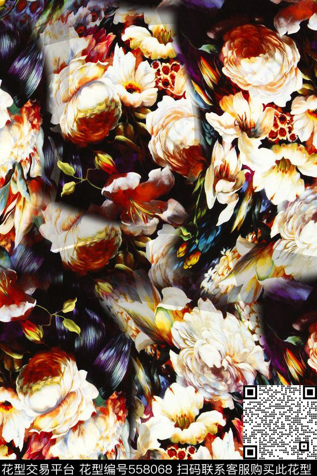 花卉油画拼接数码印花华亿平台下载（图片编号: 558068） - 瓦栏（Walan）