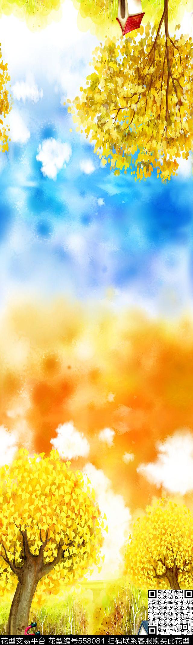 流行时尚田园风家纺长巾丝巾长裙田园水彩画秋季枫叶树小树林自行车房屋栅栏蓝天白云卡通数码印花华亿平台下载（图片编号: 558084） - 瓦栏（Walan）