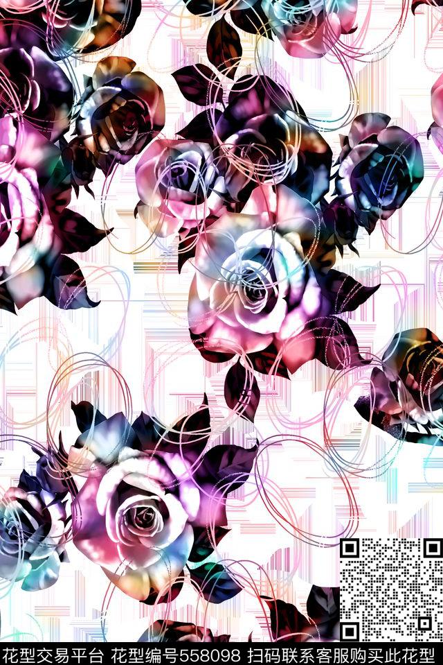 笔触玫瑰条纹数码印花华亿平台下载（图片编号: 558098） - 瓦栏（Walan）