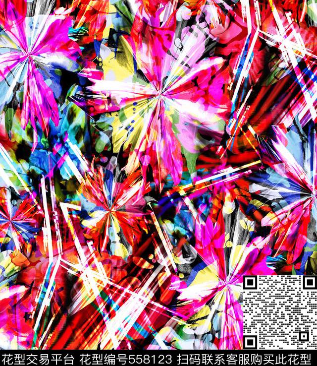 多色花抽象几何美轮美奂数码印花华亿平台下载（图片编号: 558123） - 瓦栏（Walan）
