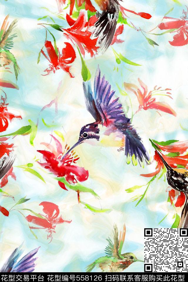 抽象女装图案手绘水彩花鸟女裙图案数码印花华亿平台下载（图片编号: 558126） - 瓦栏（Walan）