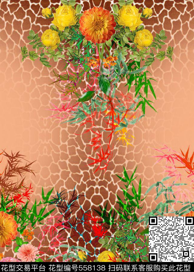豹纹花朵女装裙装数码印花华亿平台下载（图片编号: 558138） - 瓦栏（Walan）