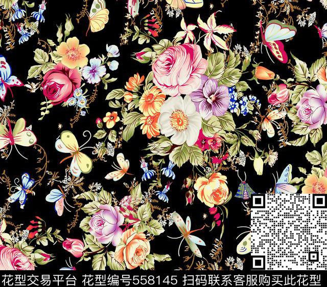 蝴碟花卉现代传统印花华亿平台下载（图片编号: 558145） - 瓦栏（Walan）