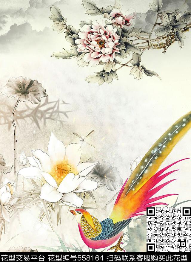 女装手绘国画工笔画花鸟数码印花华亿平台下载（图片编号: 558164） - 瓦栏（Walan）