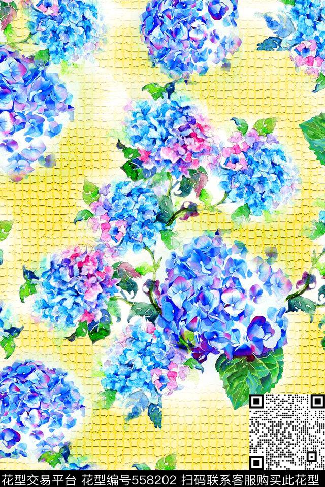抽象女装图案手绘水彩绣球花数码印花华亿平台下载（图片编号: 558202） - 瓦栏（Walan）