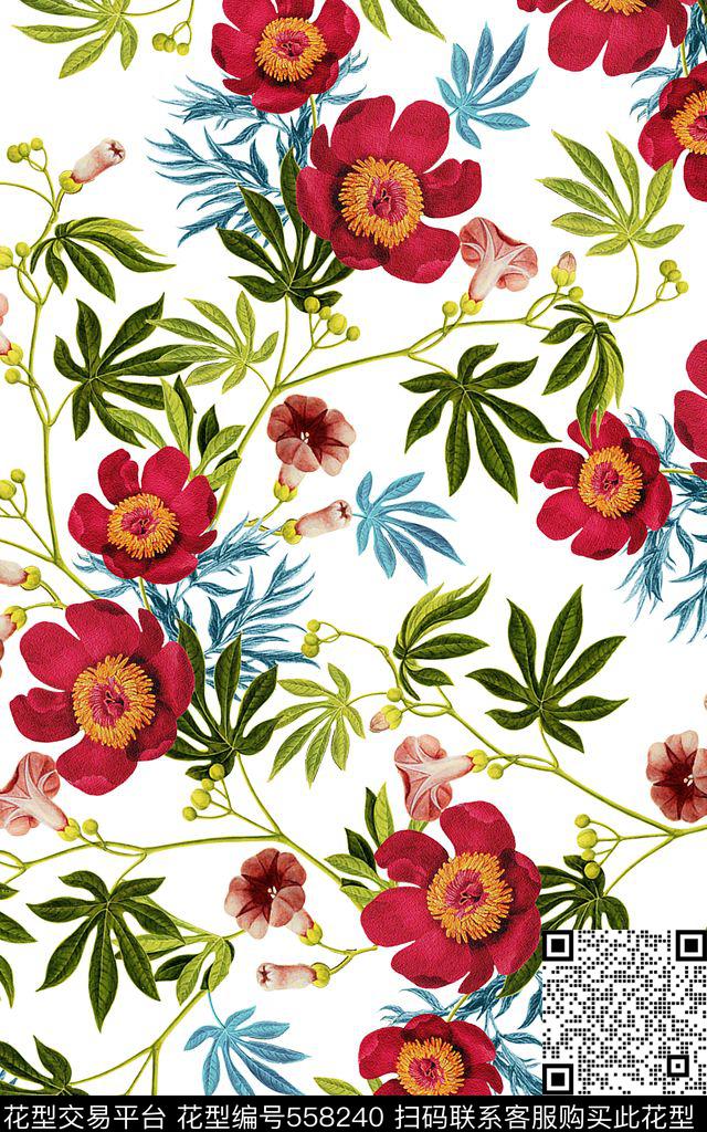 植物女装花卉花卉组合数码印花华亿平台下载（图片编号: 558240） - 瓦栏（Walan）