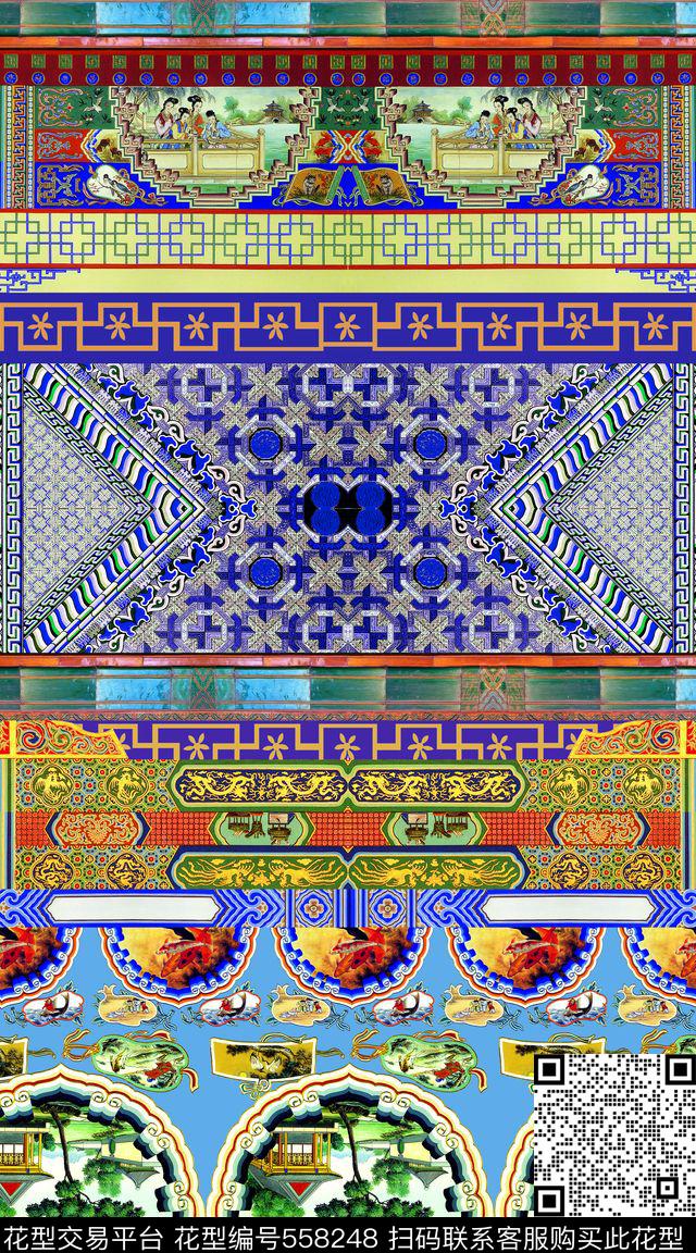 中国风条纹风景数码印花华亿平台下载（图片编号: 558248） - 瓦栏（Walan）