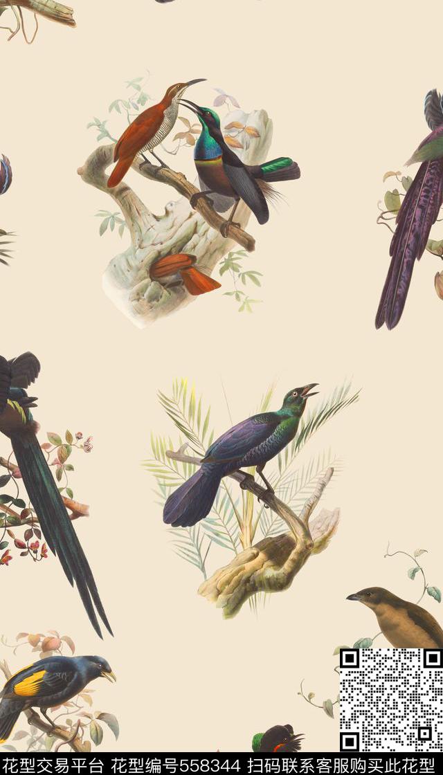鸟时尚清新手绘花鸟数码印花华亿平台下载（图片编号: 558344） - 瓦栏（Walan）