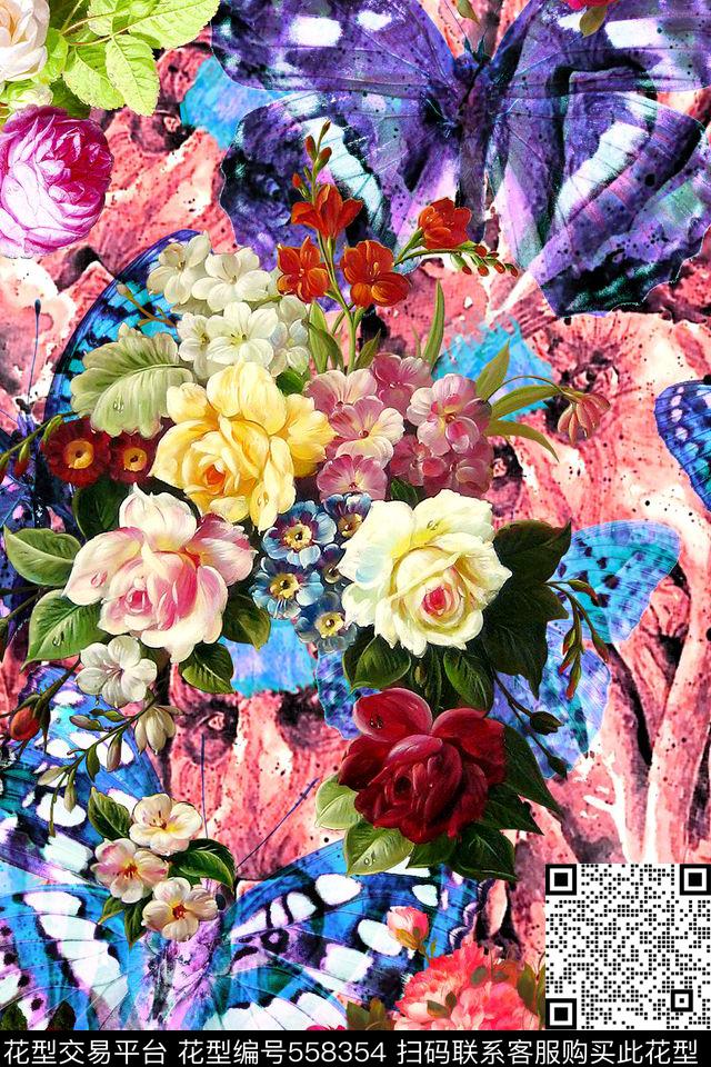 蝴蝶花卉肌理数码印花华亿平台下载（图片编号: 558354） - 瓦栏（Walan）