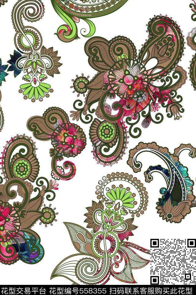 纯色底佩兹利涡旋纹数码印花华亿平台下载（图片编号: 558355） - 瓦栏（Walan）