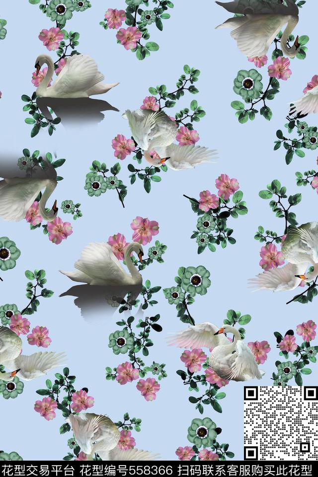 花卉天鹅纯色底数码印花华亿平台下载（图片编号: 558366） - 瓦栏（Walan）