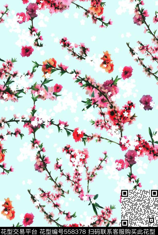 花朵叶子清新数码印花华亿平台下载（图片编号: 558378） - 瓦栏（Walan）