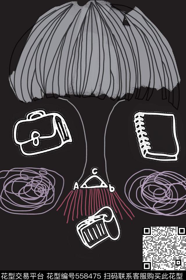 手绘黑色人物数码印花华亿平台下载（图片编号: 558475） - 瓦栏（Walan）