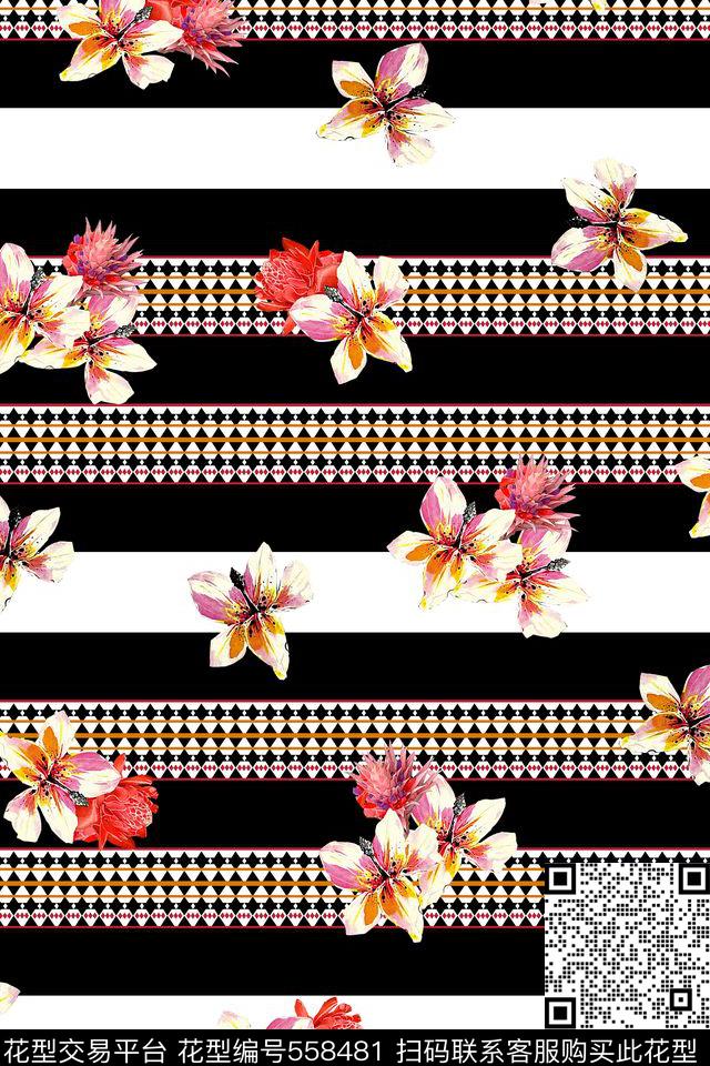 几何线条图案花卉休闲风数码印花华亿平台下载（图片编号: 558481） - 瓦栏（Walan）